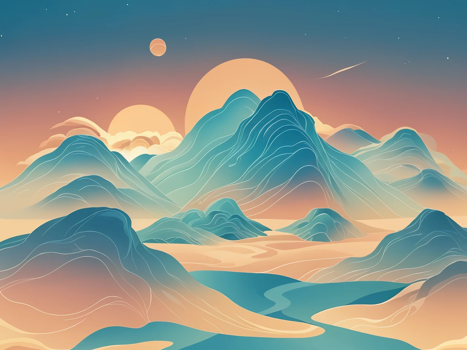 there is a picture of a mountain scene with a sunset, flat 2 d vector art, muted flat surreal design, surreal flat colors, flat surreal design, sunset illustration, 2 d digital vector art, modern - art - vector, 2d digital vector art, landscape of geometric shapes, luminist polar landscape, flat vector art, vector art style, Planet's Voice