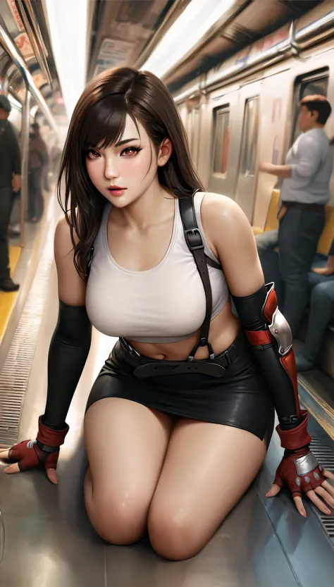 animetoreal,soft light, masterpiece, best quality,high quality,delicate face, realistic,1girl,full body, lying on stomach,tifa lockhart, final fantasy, white crop top, elbow pad, fingerless gloves, suspenders, pencil skirt, white tshirt, sexy look, short s...