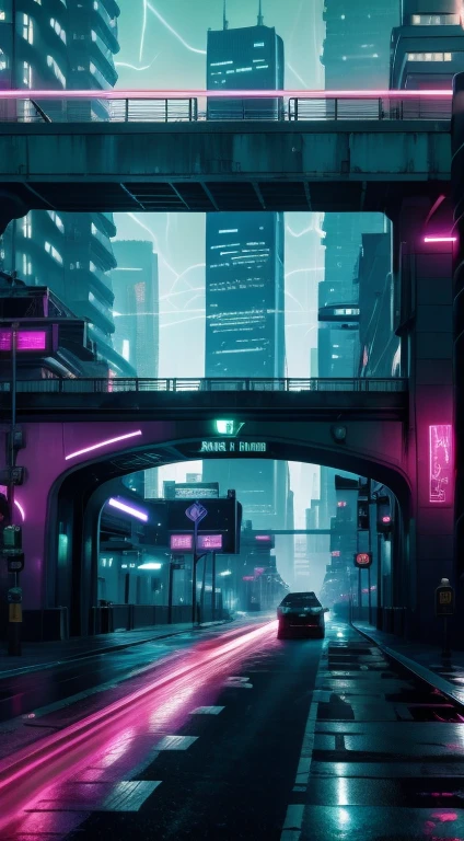 Create a photo-quality image of a futuristic city, Tall buildings with aesthetic designs that defy gravity but from a dystopian concept, con colores propios de un atardecer, lluvia, Lights of the city Pùrpura, metallic greens and blues. It also incorporates vehicles and public transport systems such as subways or minibuses also with futuristic styles..