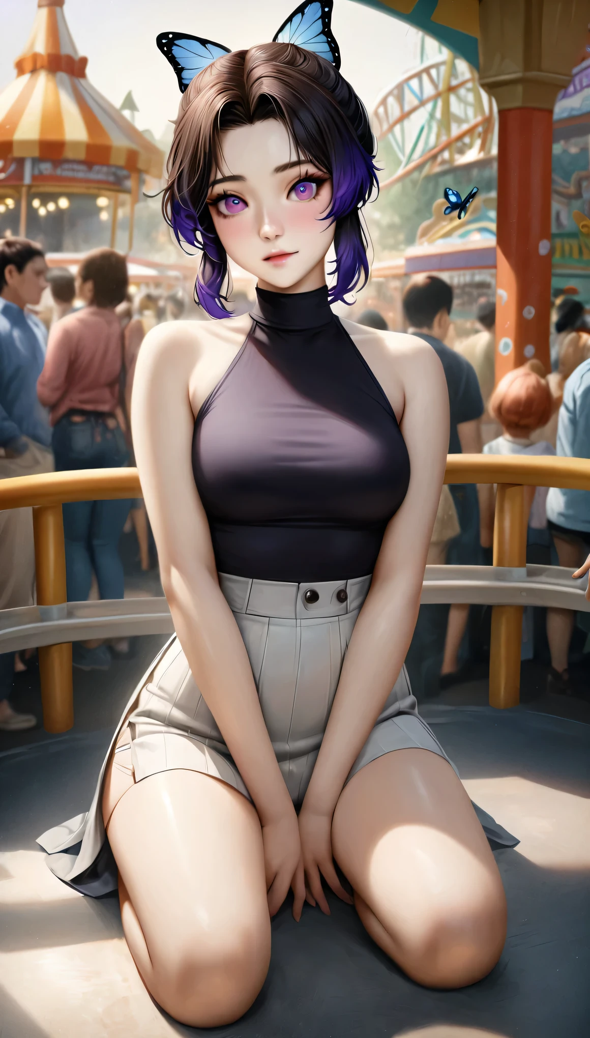 animetoreal,soft light, masterpiece, best quality,high quality,delicate face, realistic,1girl,full body, kneeling,Kochou Shinobu, Decorate your hair with a butterfly, violet eyes, multi-colored hair, Short hair, Parted bangs, Short shorts, skirt, turtleneck top,amusement_park