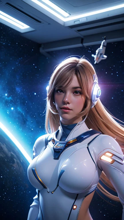 medium long body shot of beautiful woman Beautiful breasts ,middle breast  in astronaut  bikini suit and floating in space , hyperrealistic fantasy art, beautiful white girl,, sci-fi fantasy art, detailed sci-fi art, Atmosphere sci-fi movies background , lighting effect ,elegant pose