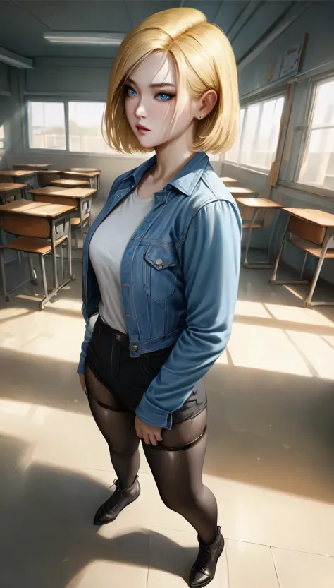 animetoreal,soft light, masterpiece, best quality,high quality,delicate face, realistic,1girl,full body, standing,Android 18 from Dragon Ball, short hair, blue eyes, blonde hair, blue jacket,in classroom