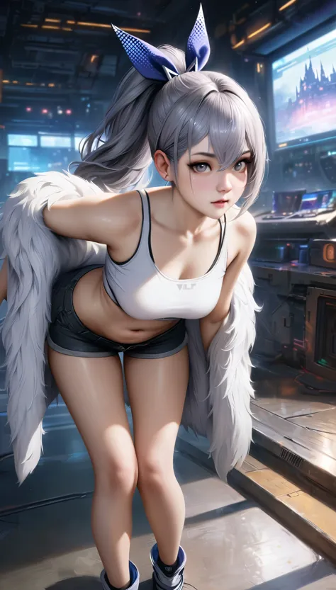 animetoreal,soft light, masterpiece, best quality,high quality,delicate face, realistic,1girl,full body, leaning forward,silver wolf, gray eyes, high ponytail, cyberpunk, white top, open belly, shorts, fur coat,castle