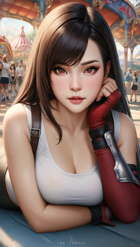 animetoreal,soft light, masterpiece, best quality,high quality,delicate face, realistic,1girl,full body, lying on stomach,tifa lockhart, final fantasy, white crop top, elbow pad, fingerless gloves, suspenders, pencil skirt, white tshirt, sexy look, short s...