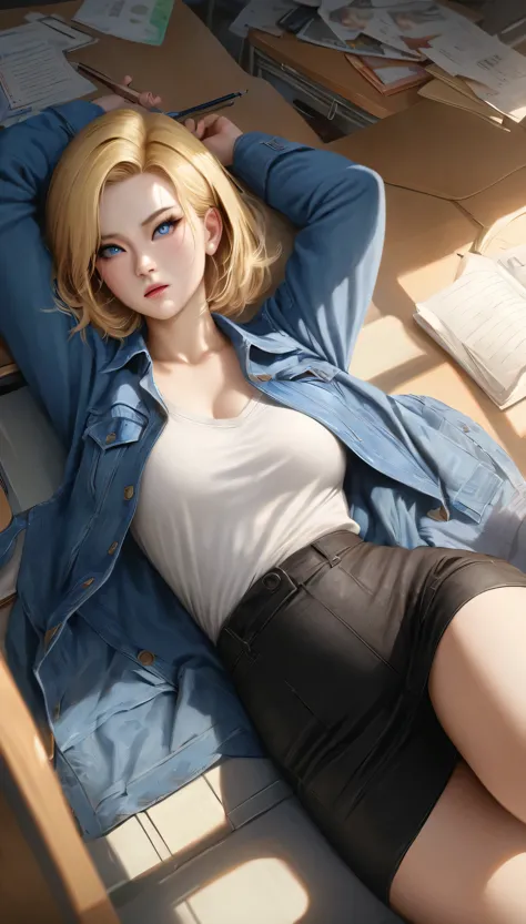 animetoreal,soft light, masterpiece, best quality,high quality,delicate face, realistic,1girl,full body, lying,Android 18 from Dragon Ball, short hair, blue eyes, blonde hair, blue jacket,in classroom