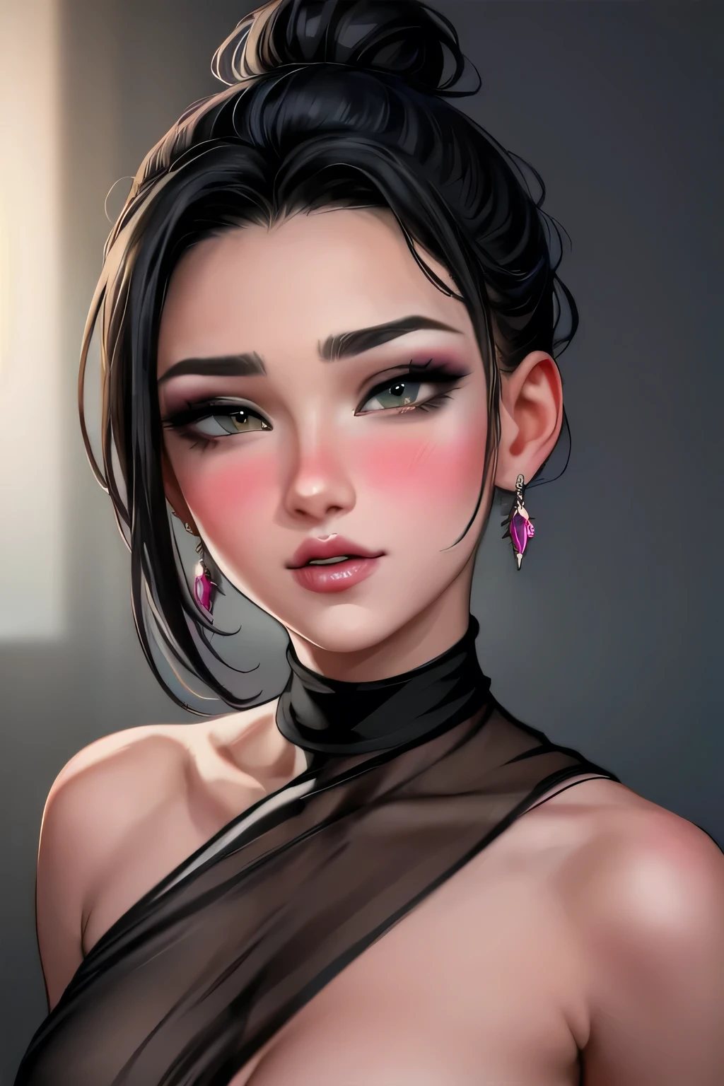 Amazing portrait of a sexy woman with a beautiful face and black hair tied in a messy bun wearing amazing makeup and blushing intensely while she's flustered and lustful and getperfect lips are parted wearing a black blouse and a sheer dark green saree and she's hot