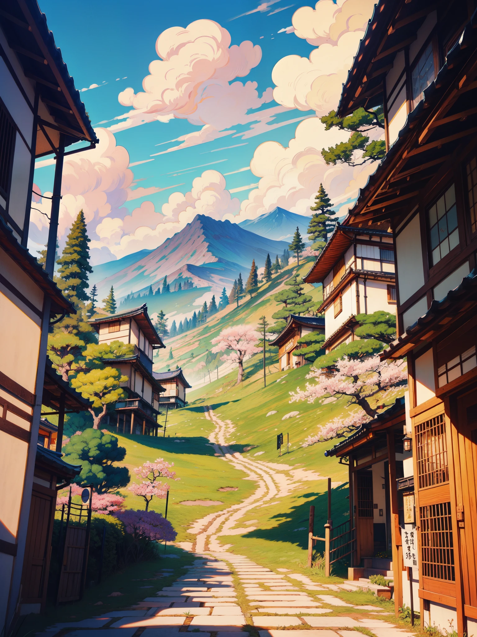 chef-d&#39;œuvre, arrière-plan de montagne de Genshin Impact, comme une peinture, Japon, Sakura, venteux, Beau, tons vibrants, Lignes épaisses, tons chaleureux, Beau shiny sky, ombre, ombre, À la manière de Ghibli, En plein air, ambiance chaleureuse, micro paysage, détails intrinsèques