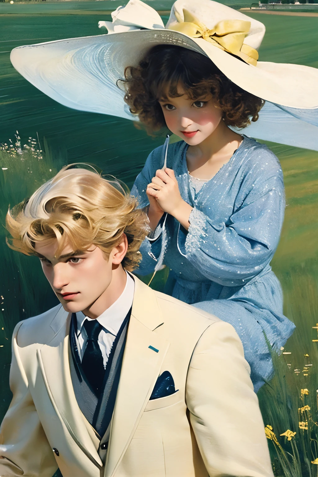 A greenish field with a curly-haired black girl with a big white bow on her back and a blond boy in a blue suit in front of her