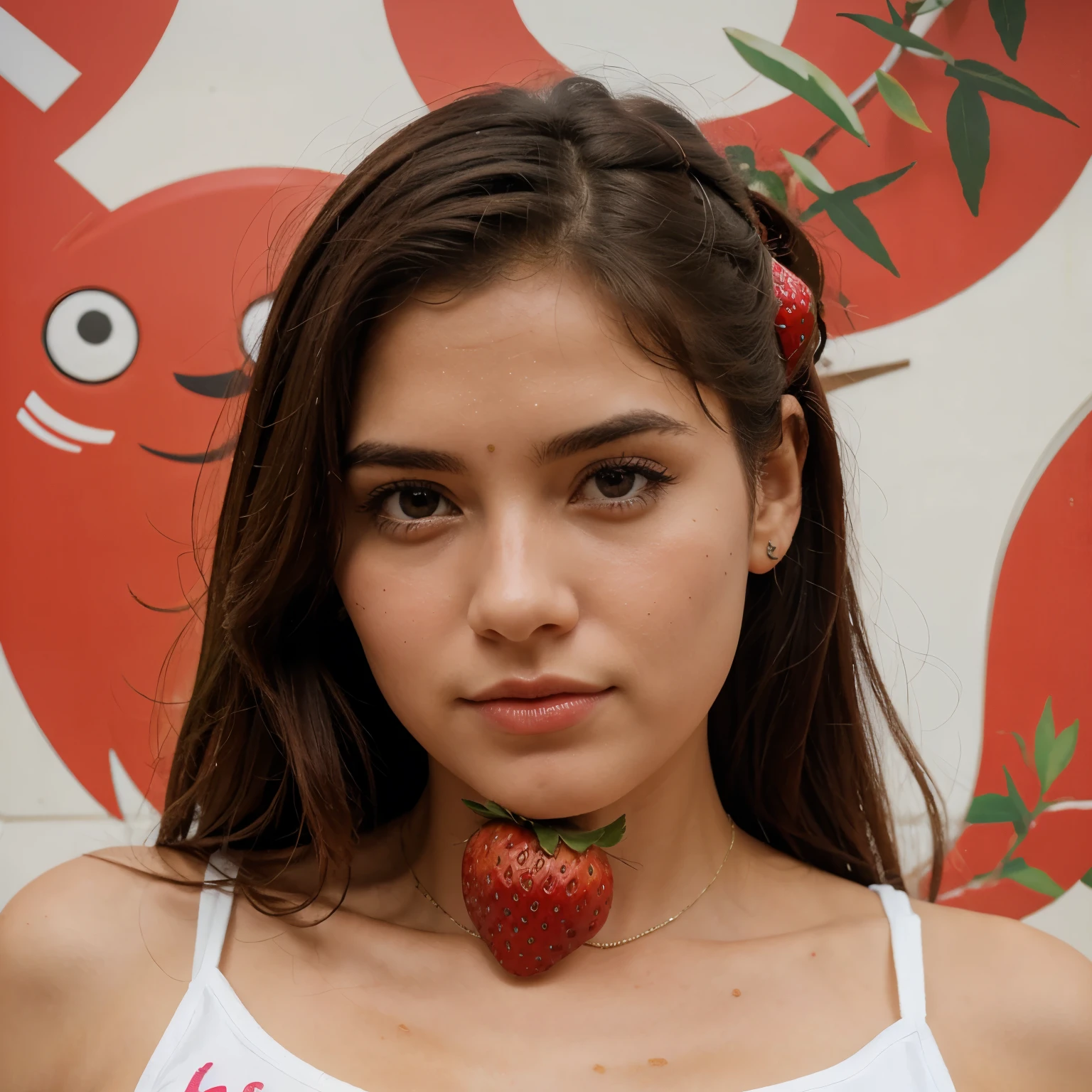 Araffe girl with a strawberry on her neck and a smile on her face - SeaArt  AI