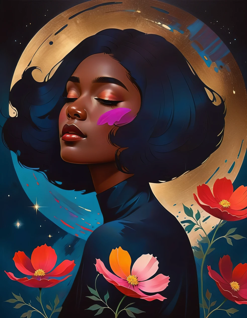 chiaroscuro technique on sensual illustration of an elegant , retro and vintage ,Chocolate Cosmos (Cosmos atrosanguineus) around body, matte painting, by Hannah Dale, by Harumi Hironaka, extremely soft colors, vibrant, pastel, highly detailed, digital artwork, high contrast, dramatic, refined, tonal, golden ratio, masterpiece, best quality, ultra high res, 1girl, portrait, (abstract art:1.4), (brush strokes), (colorful:1.1), bleeding blue, blue theme, visually stunning, beautiful, evocative, emotional, side view, perfect lighting, perfect shading, volumetric lighting, subsurface scattering, detailed, intricate, perfect body, stunning, gorgeous, beautiful, (beautiful face), (photorealistic:1.4),