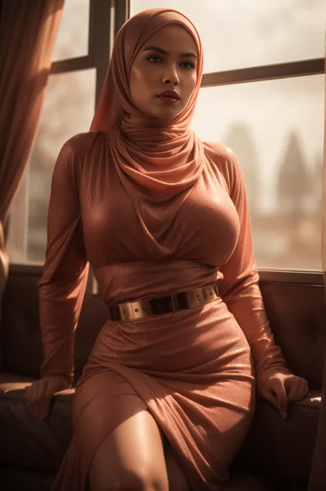 malay girl sexy seducing pose, nighttime city, wearing hijab, pastel color pink hijab, pink ,medium breast, wide waist, thick th...