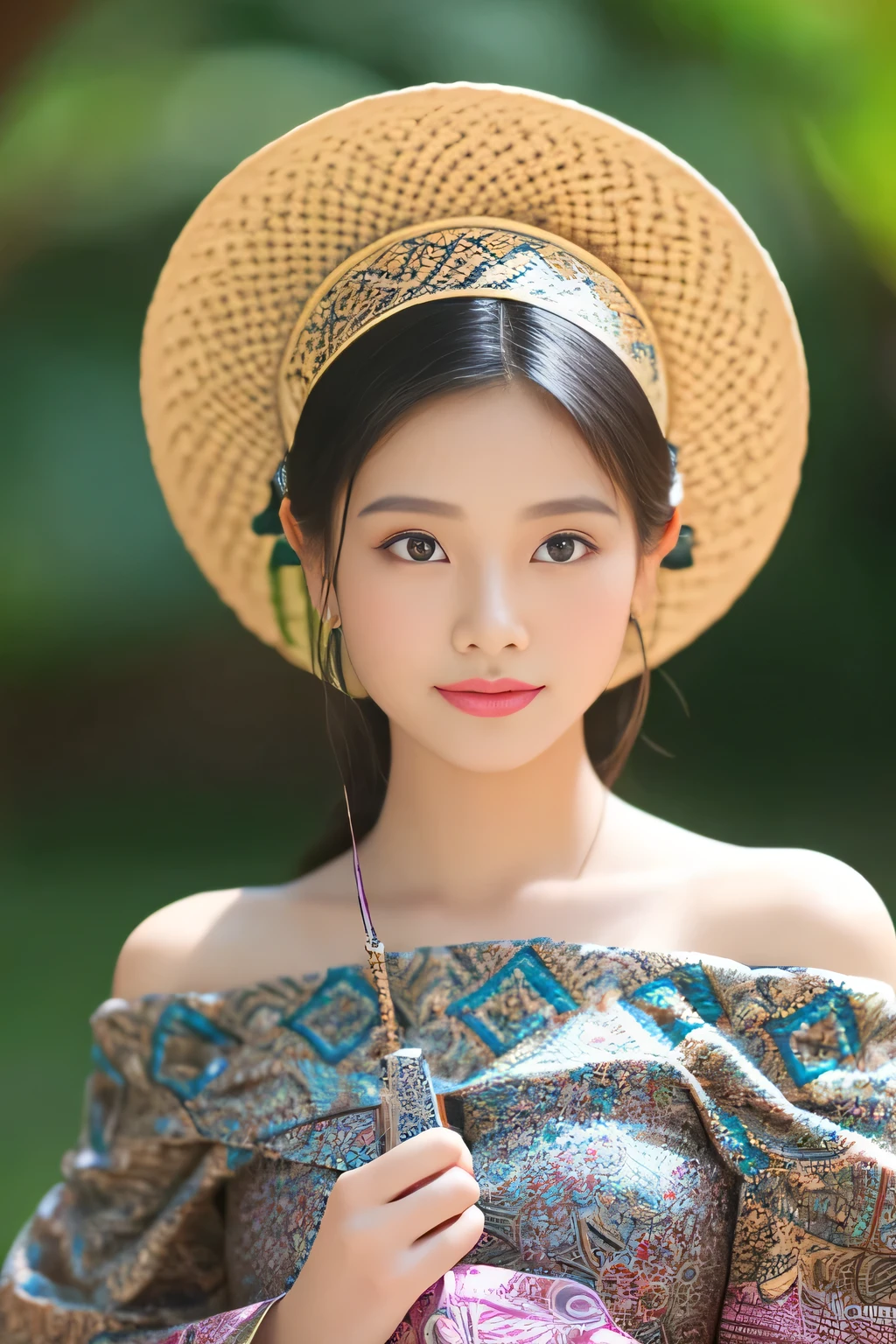 (8k, highest quality, ultra detailed:1.37), (Dina), 18yo, (a beautiful Indonesian girl), radiates elegance in a modern interpretation of traditional Javanese attire. She wears a Batik-inspired off-shoulder dress with intricate patterns, accentuating her slim figure. The high-resolution image captures ultra-detailed realism, highlighting Dina's captivating eyes, long eyelashes, and smooth complexion. The modern setting adds a contemporary twist to showcase the timeless beauty of Javanese culture.