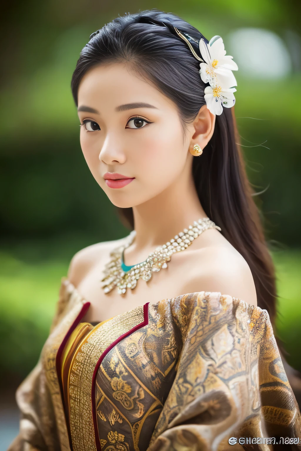 (8k, highest quality, ultra detailed:1.37), (Dina), 18yo, (a beautiful Indonesian girl), radiates elegance in a modern interpretation of traditional Javanese attire. She wears a Batik-inspired off-shoulder dress with intricate patterns, accentuating her slim figure. The high-resolution image captures ultra-detailed realism, highlighting Dina's captivating eyes, long eyelashes, and smooth complexion. The modern setting adds a contemporary twist to showcase the timeless beauty of Javanese culture.