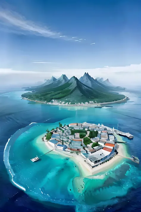 An island with a circle of mountains and in the center of it a small town connected to another island in the middle of the ocean