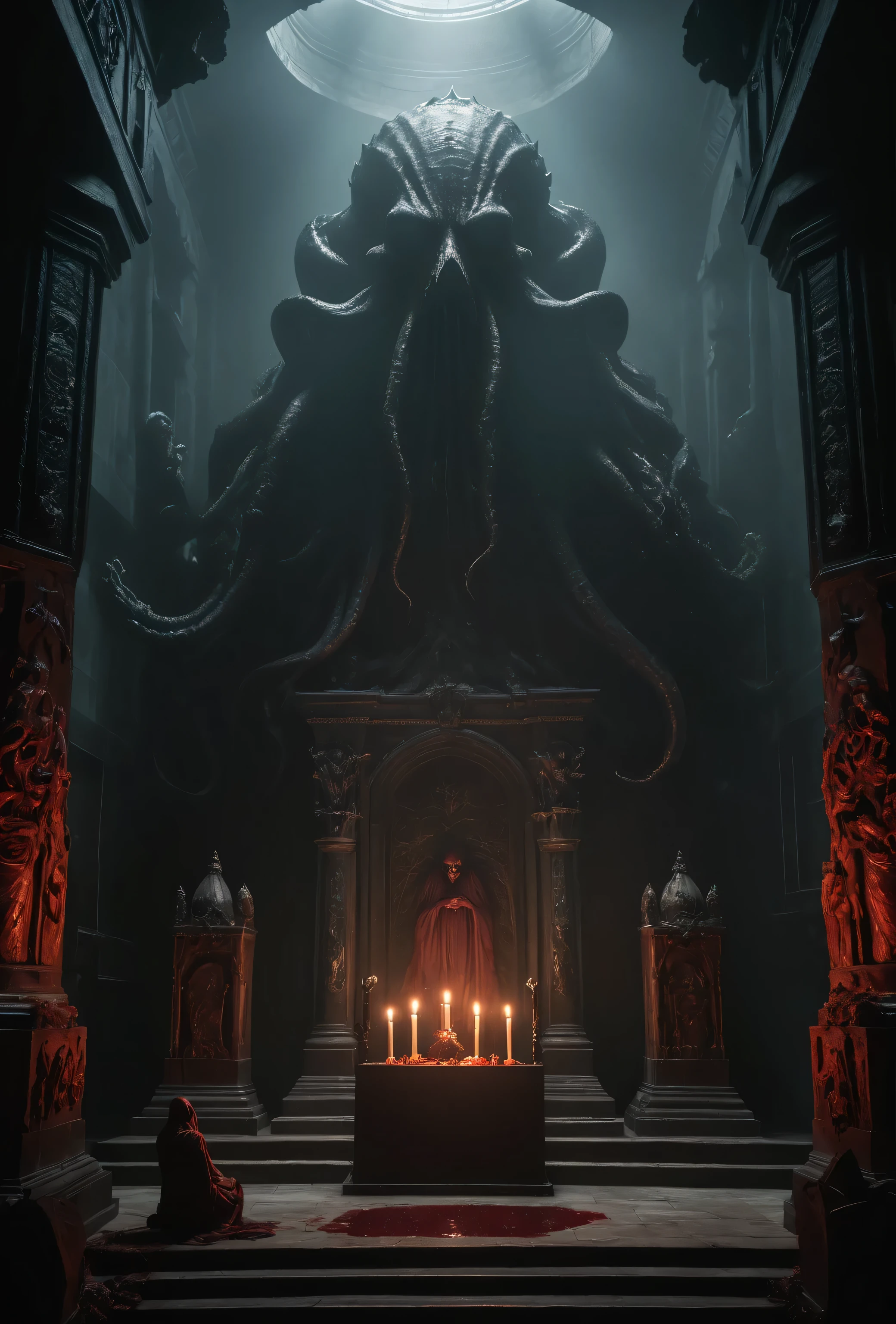 cthulhu chamber, creepy, masterpiece, best quality, hyper detailed, ultra detailed, UHD, perfect anatomy, portrait, dof, hyper-realism, majestic, awesome, inspiring, sinister Dark, cinematic, deep blacks, Perfect Hands, cinematic composition, soft shadows, national geographic style, creepy, ominous, wide shot, long shot, far away, dynamic pose,