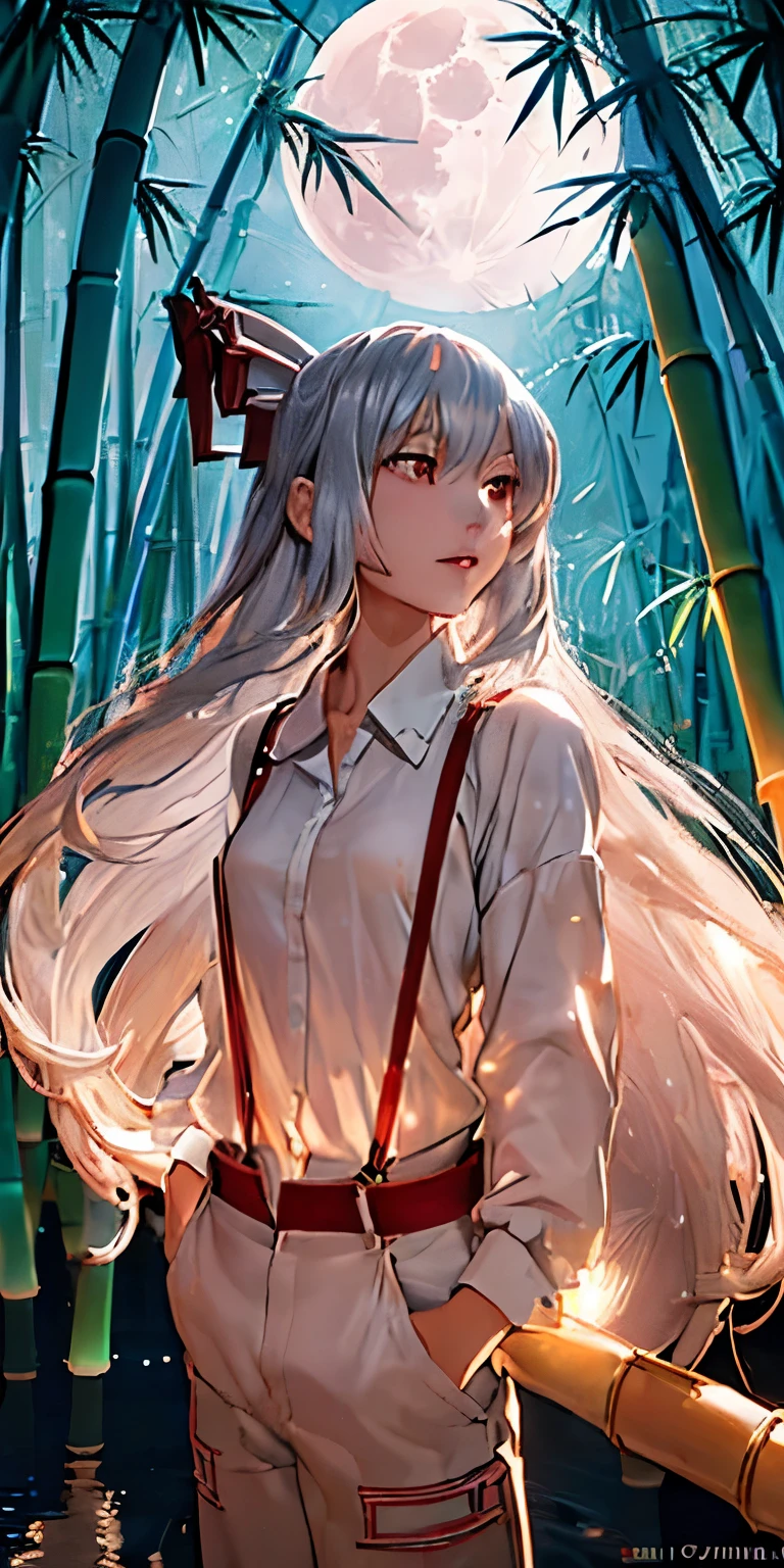 (masterpiece, best quality:1.3), (ultra detailed:1.3), (upper body:1.3), Fujiwara no Mokou, Touhou Series, perfect face, expressive eyes, 1 girl, looking at viewer, 16 years old, beautiful, anime, lora, (silver hair, long hair, white shirt, red pants:1.3), (look evil:1.5), (cinematic lighting, realistic, dream-like, enchanting atmosphere:1.5), (an old japanese mansion with moonlight leaking, in bamboo forest, midnight, big full moon:1.3), 