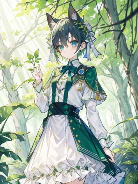 tmasterpiece，highestquali，1girll，light green hair，green eyes，a white long skirt，ln the forest，foliage，rays of sunshine, ciel