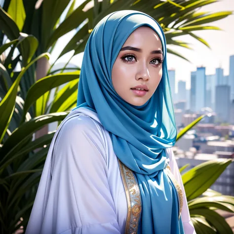 1 malay girl, solo,long big hijab, blue eyes, medium hijab, superhero, blue and white leotard, leggings, boots, hands on hip, to...