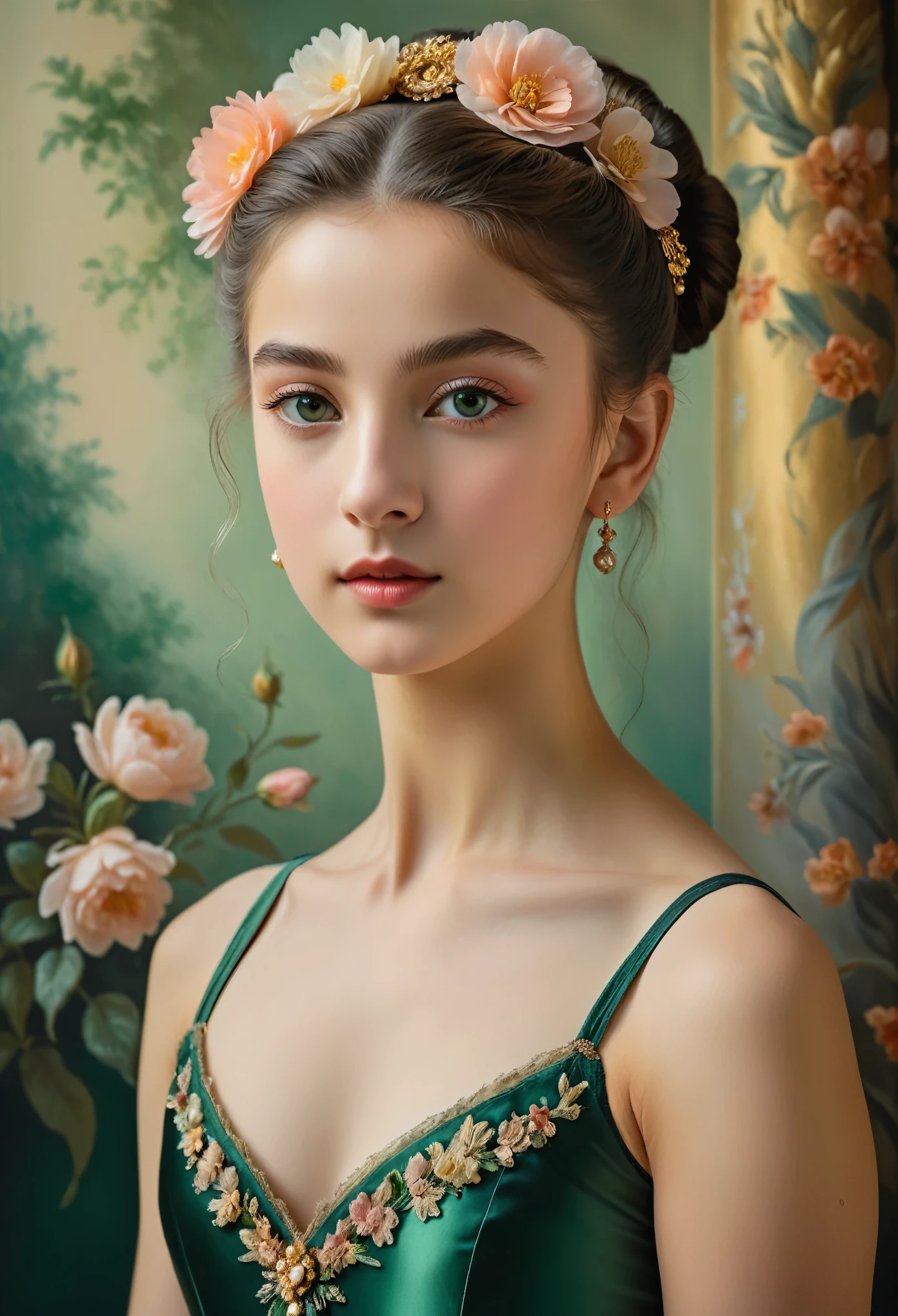 (highres,masterpiece:1.2),(realistic:1.37)"(best quality, highres, ultra-detailed, realistic),beautiful 19th-century portrait of a 16-year-old French ballet dancer, (She is half French and half Japanese, and is a stunning beauty with dark green eyes and a high nose:1.1), elaborate ballet costume, detailed facial features, long graceful neck, flowing locks of hair, poised and elegant posture, soft and delicate lighting, classic oil painting medium, vibrant colors, subtle background with floral motifs", dreamy atmosphere, Surrealism, mystical aura