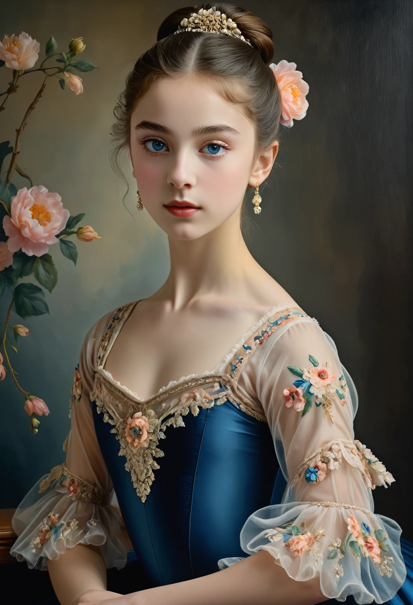 (highres,masterpiece:1.2),(realistic:1.37)"(best quality, highres, ultra-detailed, realistic),beautiful 19th-century portrait of a 16-year-old French ballet dancer, (She is half French and half Japanese, and is a stunning beauty with dark blue eyes and a high nose:1.1), elaborate ballet costume, detailed facial features, long graceful neck, flowing locks of hair, poised and elegant posture, soft and delicate lighting, classic oil painting medium, vibrant colors, subtle background with floral motifs", dreamy atmosphere, Surrealism,mystical aura