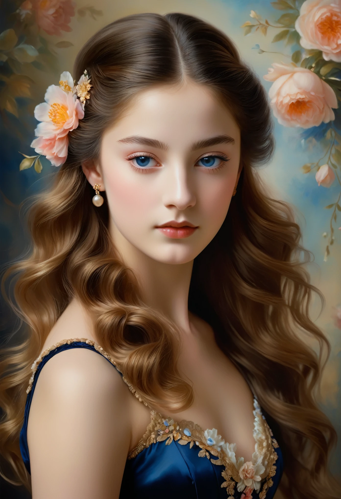 (highres,masterpiece:1.2),(realistic:1.37)"(best quality, highres, ultra-detailed, realistic),beautiful 19th-century portrait of a 16-year-old French ballet dancer, (She is half French and half Japanese, and is a stunning beauty with dark blue eyes and a high nose:1.1), elaborate ballet costume, detailed facial features, long graceful neck, flowing locks of hair, poised and elegant posture, soft and delicate lighting, classic oil painting medium, vibrant colors, subtle background with floral motifs", dreamy atmosphere, Surrealism,mystical aura