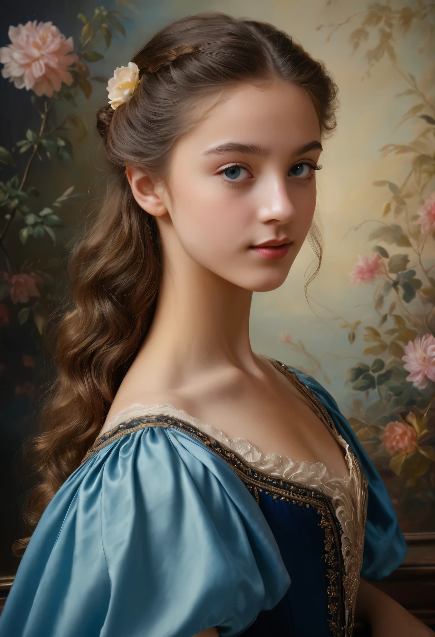 (highres,masterpiece:1.2),(realistic:1.37)"(best quality, highres, ultra-detailed, realistic),beautiful 19th-century portrait of a 16-year-old French ballet dancer, (She is half French and half Japanese, and is a stunning beauty with dark blue eyes and a high nose:1.1), elaborate ballet costume, detailed facial features, long graceful neck, flowing locks of hair, poised and elegant posture, soft and delicate lighting, classic oil painting medium, vibrant colors, subtle background with floral motifs", dreamy atmosphere, Surrealism,mystical aura