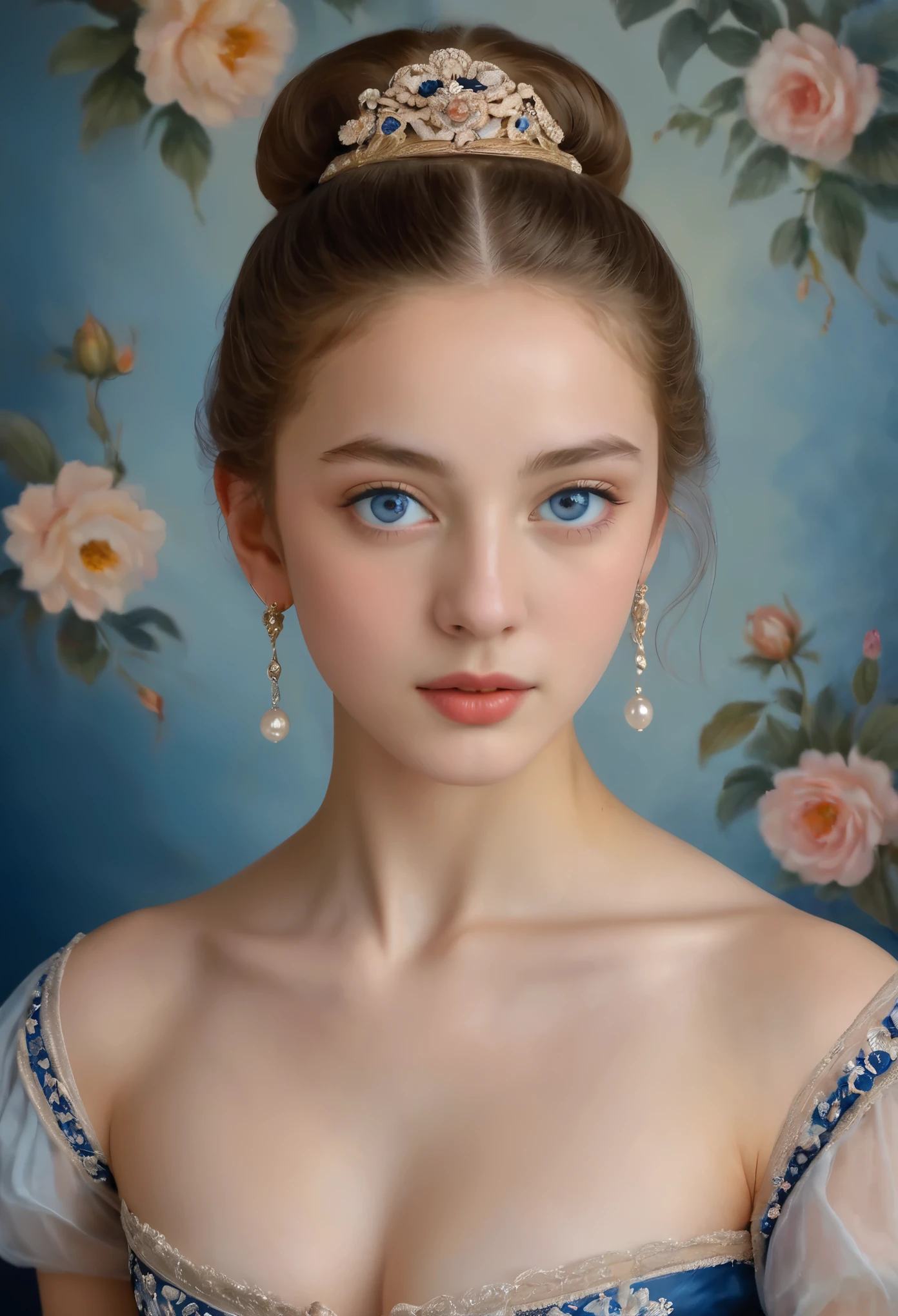 (高解像度,傑作:1.2),(現実的:1.37)"(最高品質, 高解像度, 超詳細, 現実的),19世紀に描かれた16歳のフランス人バレエダンサーの美しい肖像画, (彼女はフランス人と日本人のハーフです, 濃い青い目と高い鼻を持つ見事な美人です:1.1), 精巧なバレエ衣装, 詳細な顔の特徴, 長く優雅な首, 流れるような髪の束, 落ち着いた優雅な姿勢, 柔らかく繊細な照明, 古典的な油絵の媒体, 鮮やかな色彩, 花のモチーフが描かれた繊細な背景", 夢のような雰囲気, シュルレアリスム,神秘的なオーラ