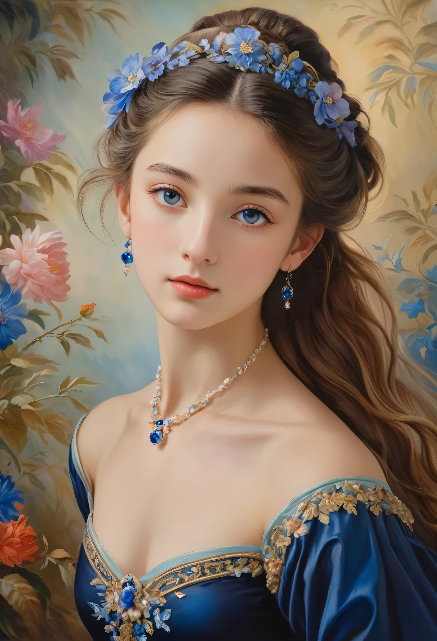(高解像度,傑作:1.2),(現実的:1.37)"(最高品質, 高解像度, 超詳細, 現実的),19世紀に描かれた16歳のフランス人バレエダンサーの美しい肖像画, (彼女はフランス人と日本人のハーフです, 濃い青い目と高い鼻を持つ見事な美人です:1.1), 精巧なバレエ衣装, 詳細な顔の特徴, 長く優雅な首, 流れるような髪の束, 落ち着いた優雅な姿勢, 柔らかく繊細な照明, 古典的な油絵の媒体, 鮮やかな色彩, 花のモチーフが描かれた繊細な背景", 夢のような雰囲気, シュルレアリスム,神秘的なオーラ