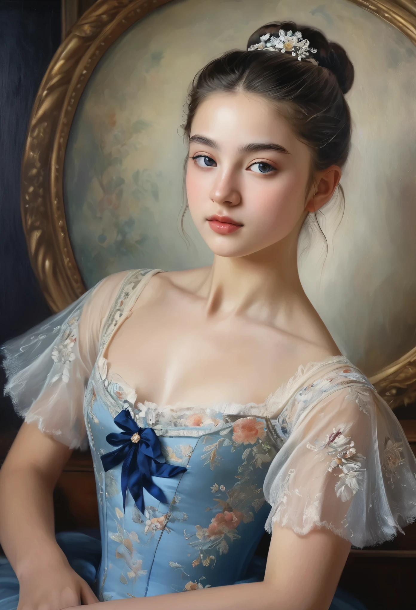 (highres,masterpiece:1.2),(realistic:1.37)"(best quality, highres, ultra-detailed, realistic),beautiful 19th-century portrait of a 16-year-old French ballet dancer, (She is half French and half Japanese, and is a stunning beauty with dark blue eyes and a high nose:1.1), elaborate ballet costume, detailed facial features, long graceful neck, flowing locks of hair, poised and elegant posture, soft and delicate lighting, classic oil painting medium, vibrant colors, subtle background with floral motifs", dreamy atmosphere, Surrealism,mystical aura