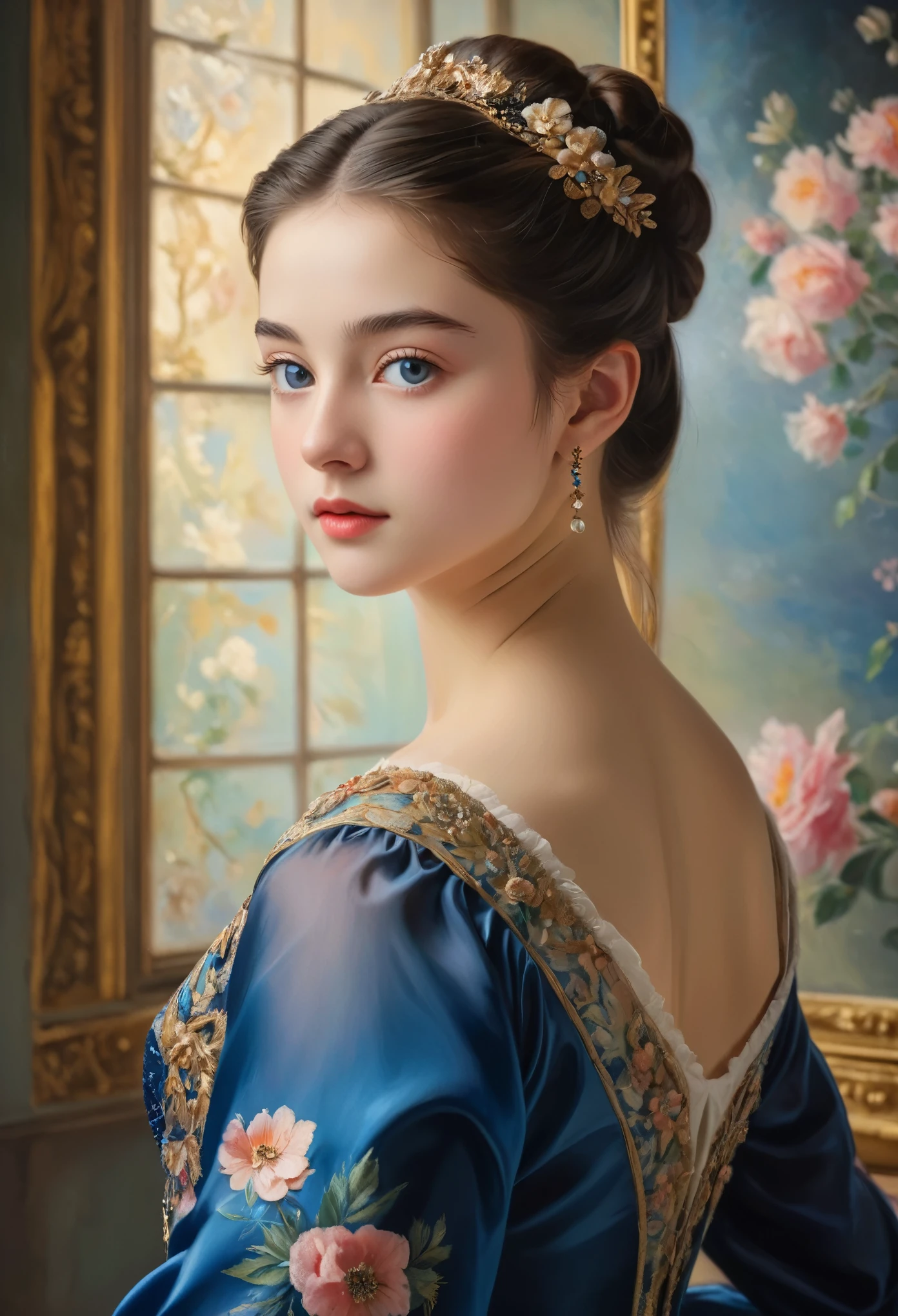 (highres,masterpiece:1.2),(realistic:1.37)"(best quality, highres, ultra-detailed, realistic),beautiful 19th-century portrait of a 16-year-old French ballet dancer, (She is half French and half Japanese, and is a stunning beauty with dark blue eyes and a high nose:1.1), elaborate ballet costume, detailed facial features, long graceful neck, flowing locks of hair, poised and elegant posture, soft and delicate lighting, classic oil painting medium, vibrant colors, subtle background with floral motifs", dreamy atmosphere, Surrealism,mystical aura