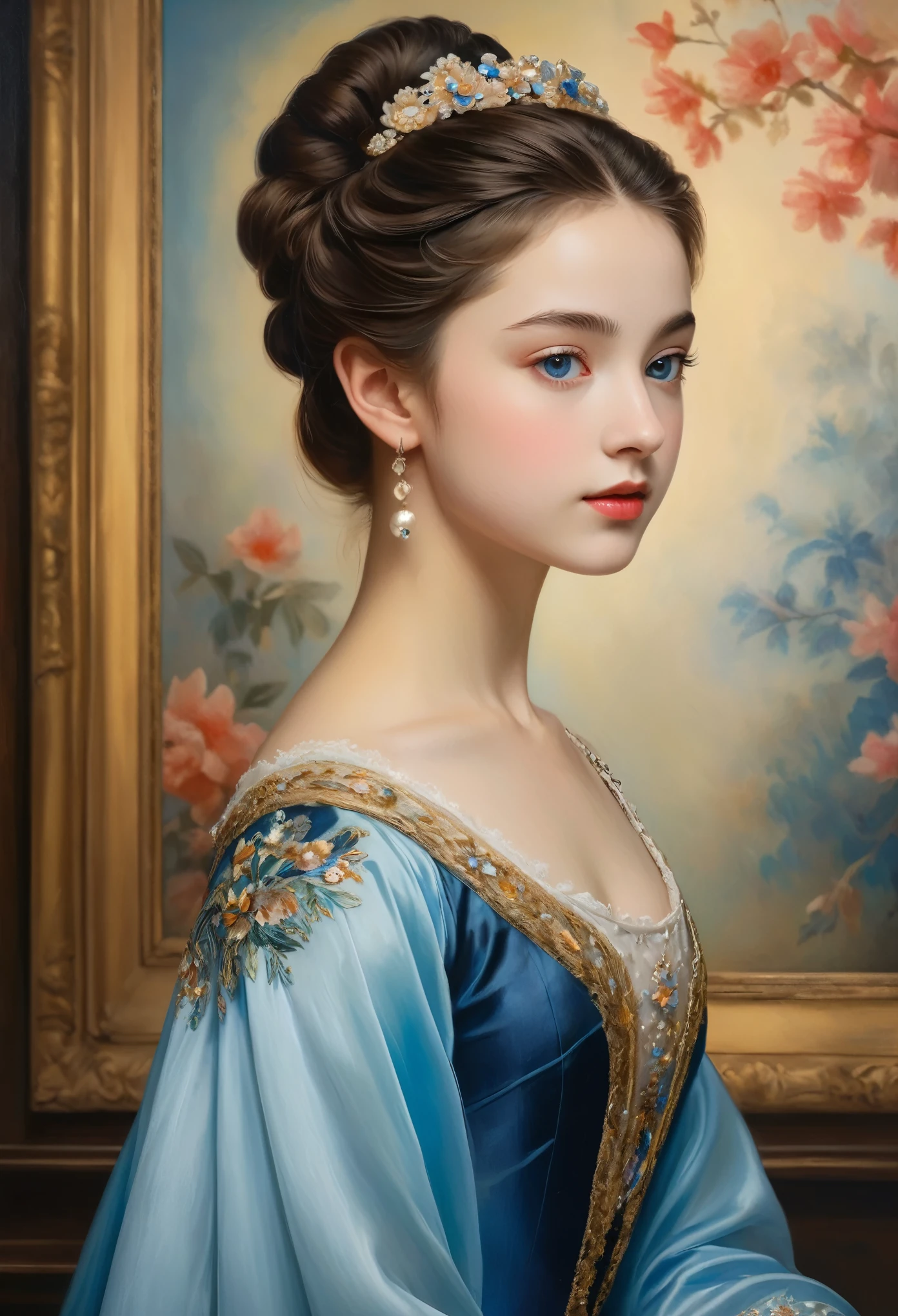 (highres,masterpiece:1.2),(realistic:1.37)"(best quality, highres, ultra-detailed, realistic),beautiful 19th-century portrait of a 16-year-old French ballet dancer, (She is half French and half Japanese, and is a stunning beauty with dark blue eyes and a high nose:1.1), elaborate ballet costume, detailed facial features, long graceful neck, flowing locks of hair, poised and elegant posture, soft and delicate lighting, classic oil painting medium, vibrant colors, subtle background with floral motifs", dreamy atmosphere, Surrealism,mystical aura