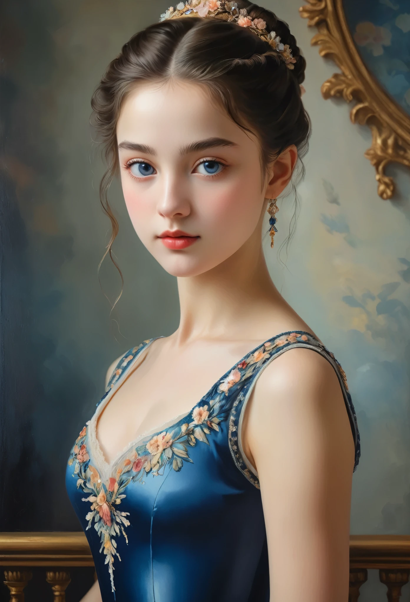 (highres,masterpiece:1.2),(realistic:1.37)"(best quality, highres, ultra-detailed, realistic),beautiful 19th-century portrait of a 16-year-old French ballet dancer, (She is half French and half Japanese, and is a stunning beauty with dark blue eyes and a high nose:1.1), elaborate ballet costume, detailed facial features, long graceful neck, flowing locks of hair, poised and elegant posture, soft and delicate lighting, classic oil painting medium, vibrant colors, subtle background with floral motifs", dreamy atmosphere, Surrealism,mystical aura