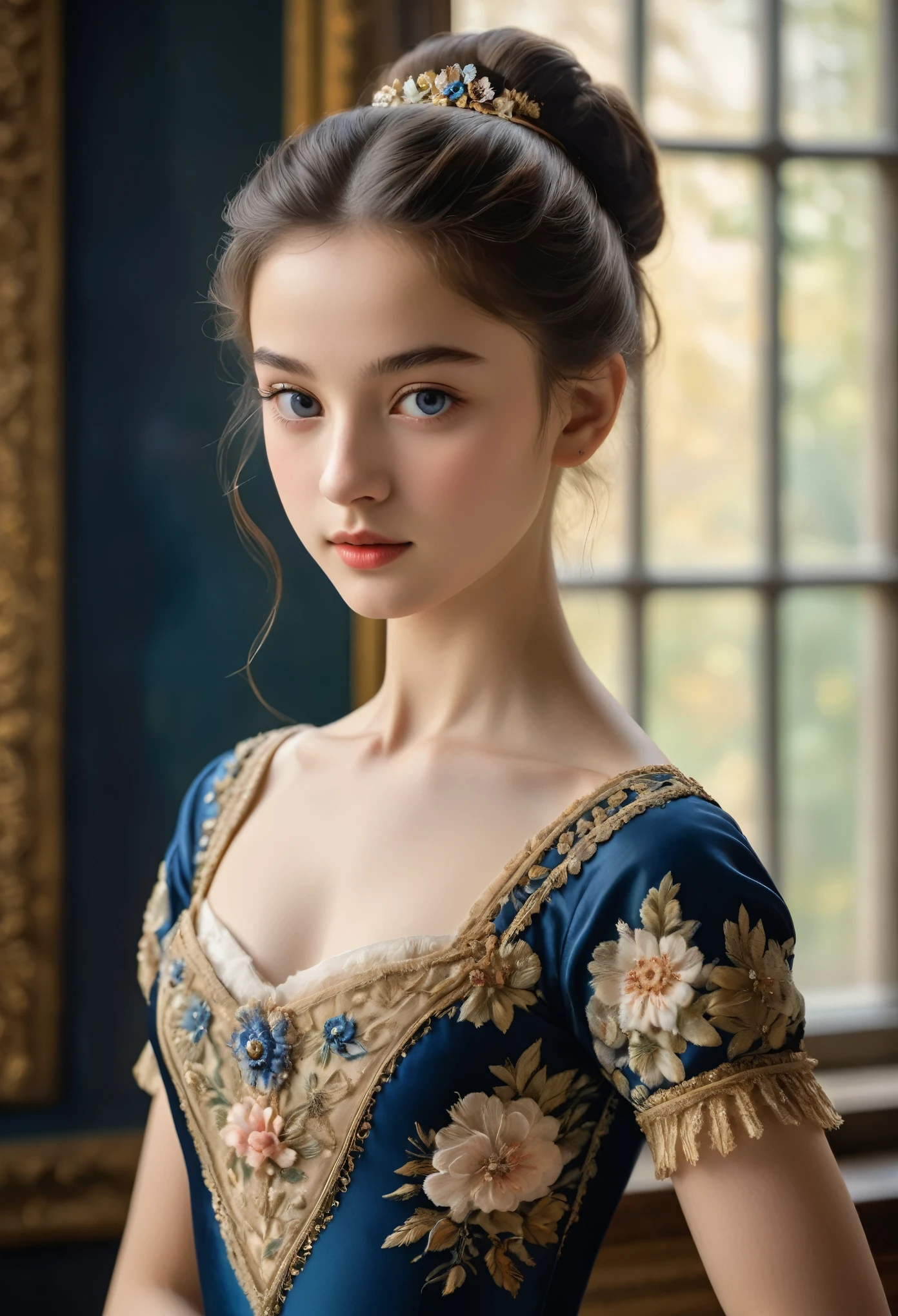 (highres,masterpiece:1.2),(realistic:1.37)"(best quality, highres, ultra-detailed, realistic),beautiful 19th-century portrait of a 16-year-old French ballet dancer, (She is half French and half Japanese, and is a stunning beauty with dark blue eyes and a high nose:1.1), elaborate ballet costume, detailed facial features, long graceful neck, flowing locks of hair, poised and elegant posture, soft and delicate lighting, classic oil painting medium, vibrant colors, subtle background with floral motifs"
