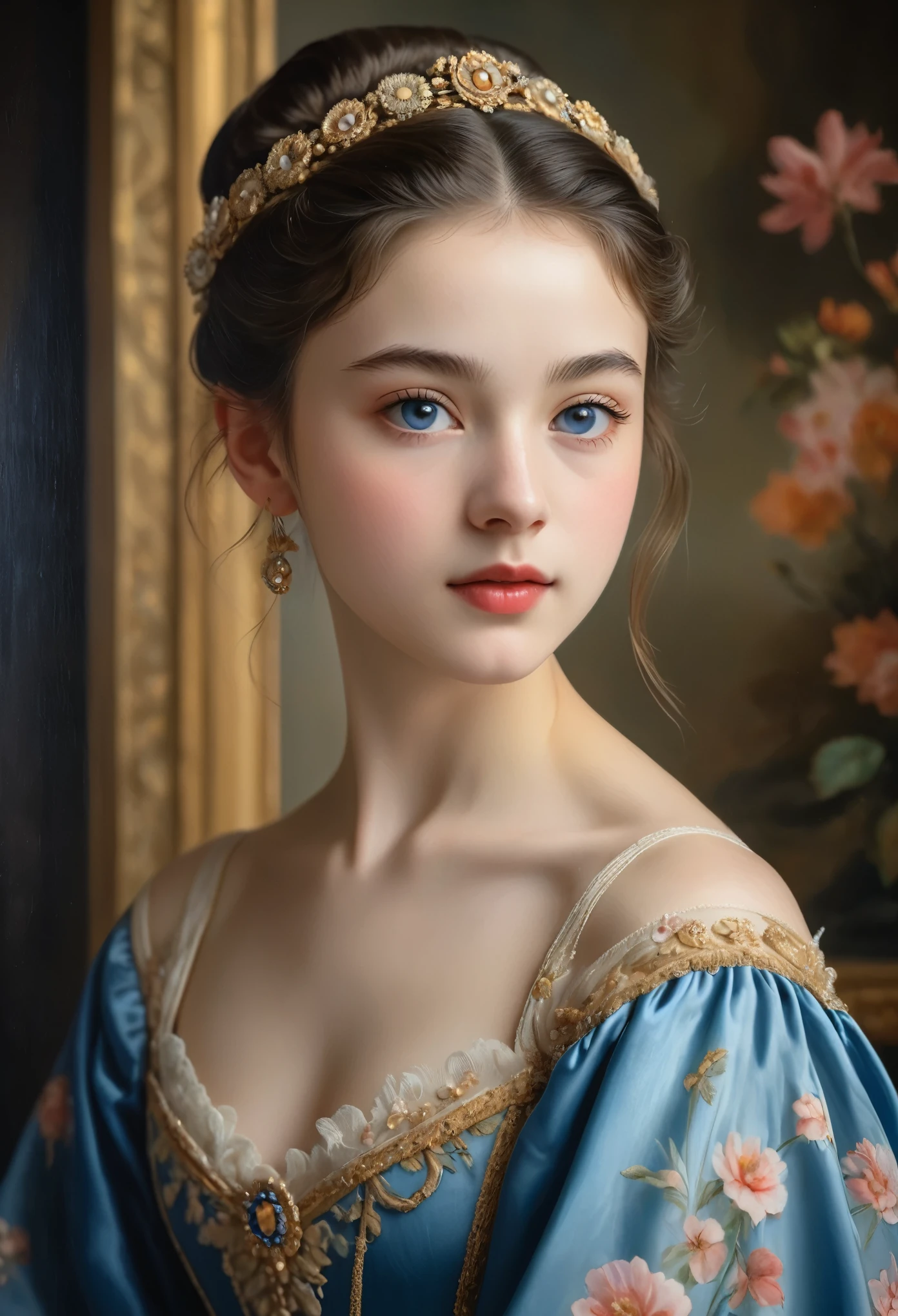 (highres,masterpiece:1.2),(realistic:1.37)"(best quality, highres, ultra-detailed, realistic),beautiful 19th-century portrait of a 16-year-old French ballet dancer, (She is half French and half Japanese, and is a stunning beauty with dark blue eyes and a high nose:1.1), elaborate ballet costume, detailed facial features, long graceful neck, flowing locks of hair, poised and elegant posture, soft and delicate lighting, classic oil painting medium, vibrant colors, subtle background with floral motifs"
