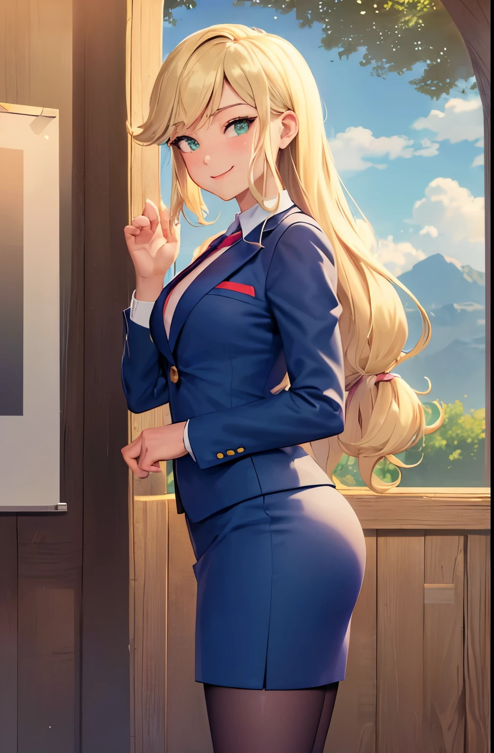 (masterpiece, best quality:1.2), cowboy shot, solo, 1girl, mlpapplejack, smile, looking at viewer, low-tied long hair, business suit, blazer, pencil skirt, high heels