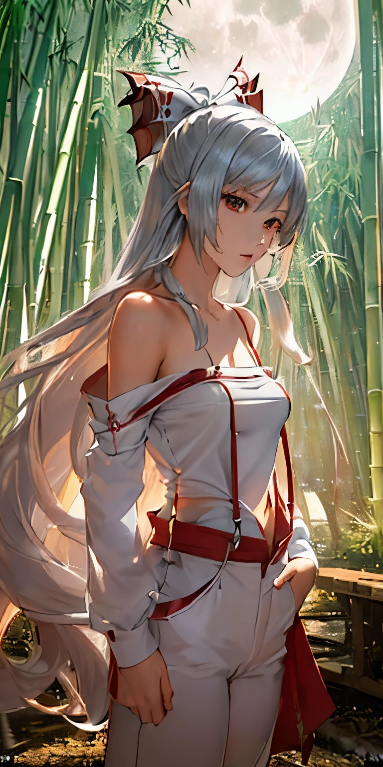 (masterpiece, best quality:1.3), (ultra detailed:1.3), (final fantasy artwork concept:1.5), (manga eyes + hair + clothes + body + face + colors + shoulders + eyes:1.3), (upper body:1.3), Fujiwara no Mokou, Touhou Series, (anime, illustration:1.3), perfect face, expressive eyes, 1 girl, looking at viewer, 16 years old, beautiful, anime, lora, (silver hair, long hair, white shirt, red pants:1.3), (look evil:1.5), (cinematic lighting, realistic, dream-like, enchanting atmosphere:1.5), (an old japanese mansion with moonlight leaking, in bamboo forest, midnight, big full moon:1.3), 