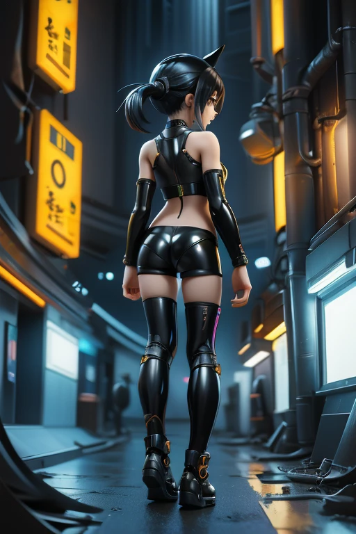 cyberpunk anime, Rückansicht, Ganzkörper, dynamische Ansicht, Cowboy-Schuss, Fernschuss, HD8K-Qualität, Robotermädchen, lange Frisur im Emo-Stil, FLACHE BRUST, aufrechte Brustwarzen, Schlanker Körper, Latex-Top mit Spaghettiträgern in Gelb, freiliegender Nabel, blaue Latexshorts, kürzer, aufgeregter Blick, in anzüglicher Pose im Freizeitbereich eines futuristischen Penthouses,