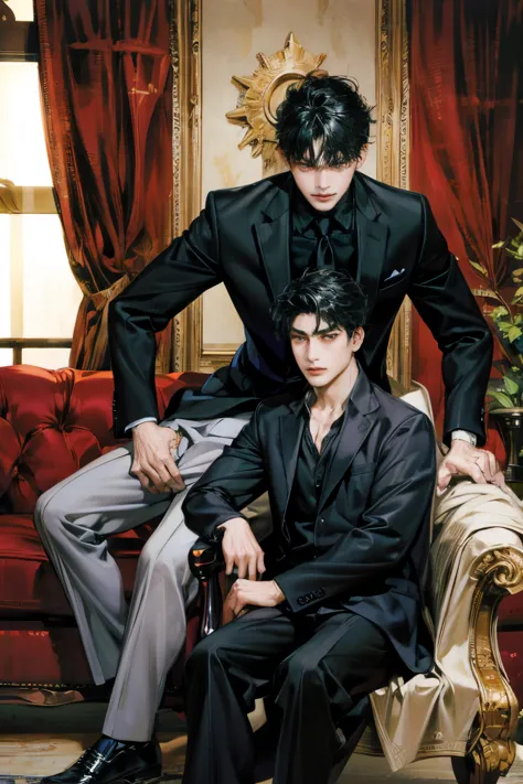 Two adult Asian men sitting on a sofa, clad in black suits. The unruly one, with unkempt black hair