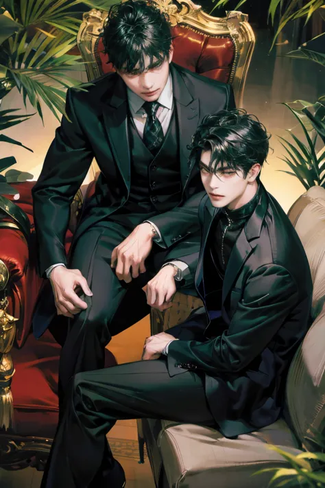 Two adult Asian men sitting on a sofa, clad in black suits. The unruly one, with unkempt black hair