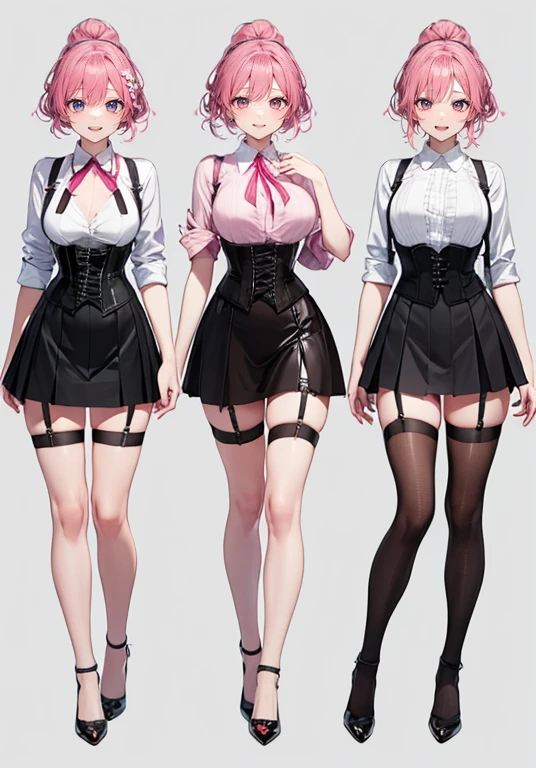 pink hair,updo hair,Adult female,Bartender,((Body harness)),((Rolling up your sleeves shirt)),(Corset),(Tight skirt),Garter belt,High heels,((Simple background)),Smile,((Full body)),((whole body)),Character Sheet,