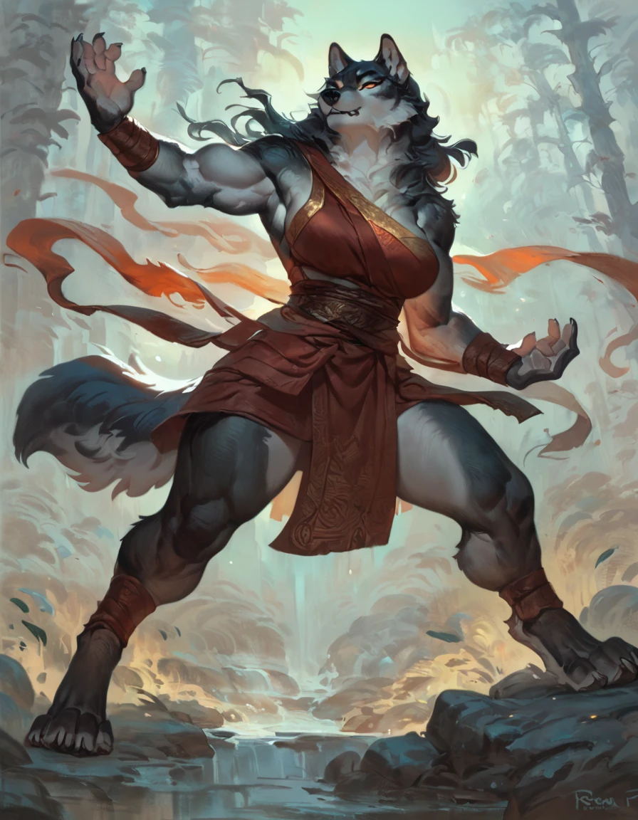 By Ruan Jia, by ross tran, female anthro wolf, solo, masterpiece, best art, monk, forest, proud expression, night, standing, muscular, detailed, newest, feet, sfw, battle pose, 