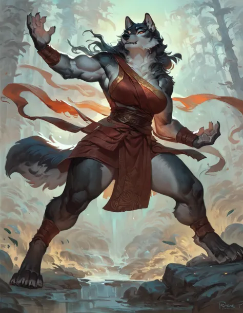 By Ruan Jia, by ross tran, female anthro wolf, solo, masterpiece, best art, monk, forest, proud expression, night, standing, mus...