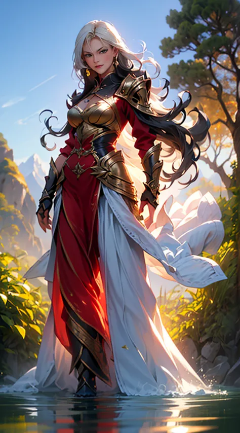 Create the image of a stunning woman with long, straight hair and wearing imposing armor. She is depicted in a majestic pose, wi...