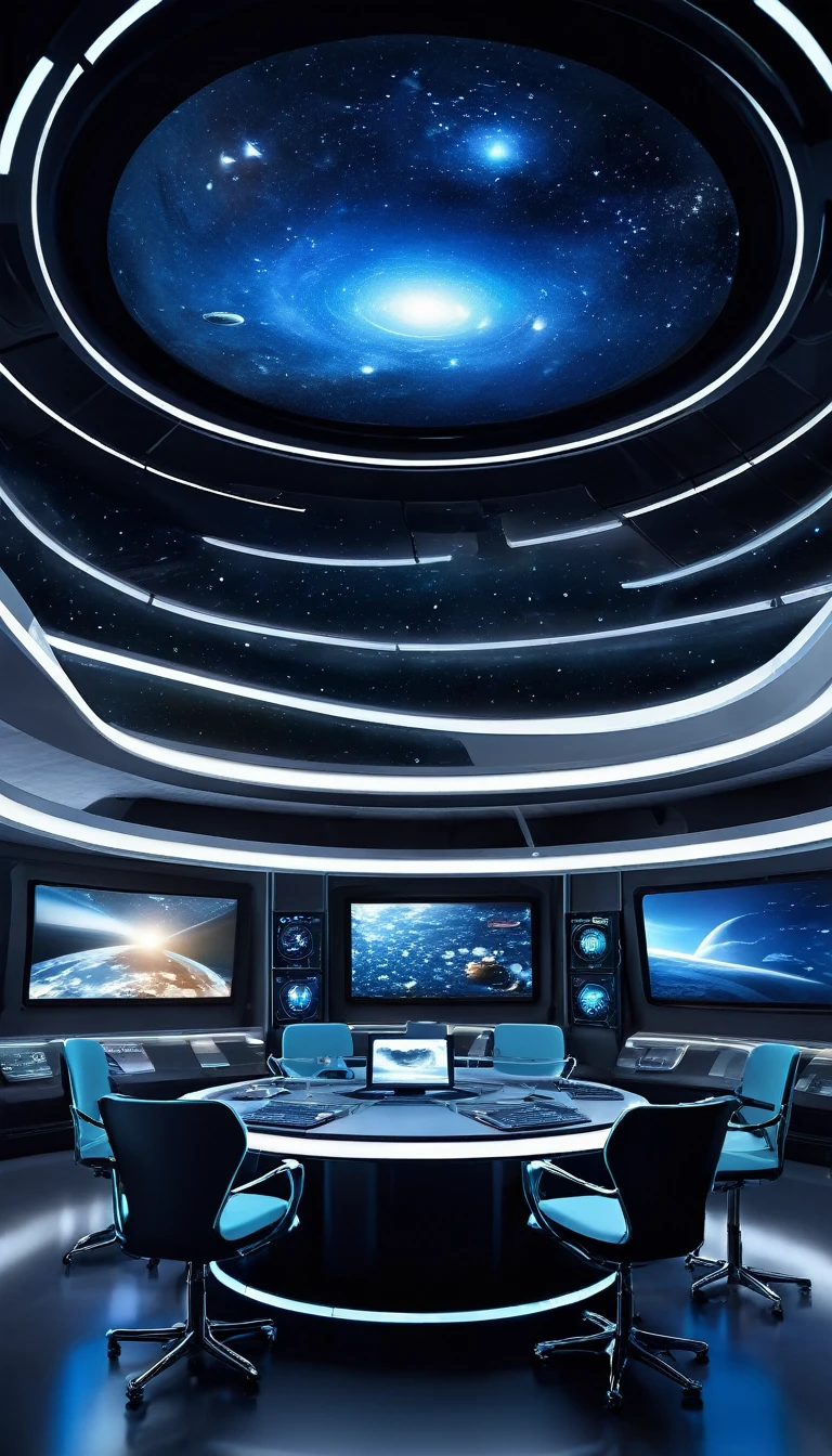 The image depicts a futuristic control room that resembles the interior of a space station or a command center for an interstellar mission. The room is designed with a sleek, modern aesthetic, featuring a large, curved window that offers a panoramic view of the cosmos, complete with stars, planets, and possibly a distant galaxy.

Inside the room, there are several workstations equipped with advanced technology. Each station has a large screen displaying various pieces of data, likely related to navigation, communication, and other critical aspects of space travel. The screens are bright and colorful, suggesting they are displaying real-time information.

In the center of the room, there is a circular table with a holographic interface, which could be used for collaborative decision-making or for analyzing data in a three-dimensional space. The table is surrounded by chairs, indicating a collaborative workspace.

The lighting in the room is soft and ambient, with the main source of light coming from the screens and the holographic interface, creating a calm and focused atmosphere. The overall design of the room suggests a high level of technological sophistication and a focus on functionality and efficiency.

This image could be from a concept design for a science fiction movie, a video game, or a themed attraction, where the goal is to create an immersive experience that simulates the operation of a spacecraft or space station.