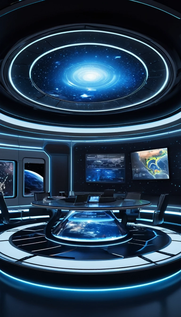 The image depicts a futuristic control room that resembles the interior of a space station or a command center for an interstellar mission. The room is designed with a sleek, modern aesthetic, featuring a large, curved window that offers a panoramic view of the cosmos, complete with stars, planets, and possibly a distant galaxy.

Inside the room, there are several workstations equipped with advanced technology. Each station has a large screen displaying various pieces of data, likely related to navigation, communication, and other critical aspects of space travel. The screens are bright and colorful, suggesting they are displaying real-time information.

In the center of the room, there is a circular table with a holographic interface, which could be used for collaborative decision-making or for analyzing data in a three-dimensional space. The table is surrounded by chairs, indicating a collaborative workspace.

The lighting in the room is soft and ambient, with the main source of light coming from the screens and the holographic interface, creating a calm and focused atmosphere. The overall design of the room suggests a high level of technological sophistication and a focus on functionality and efficiency.

This image could be from a concept design for a science fiction movie, a video game, or a themed attraction, where the goal is to create an immersive experience that simulates the operation of a spacecraft or space station.