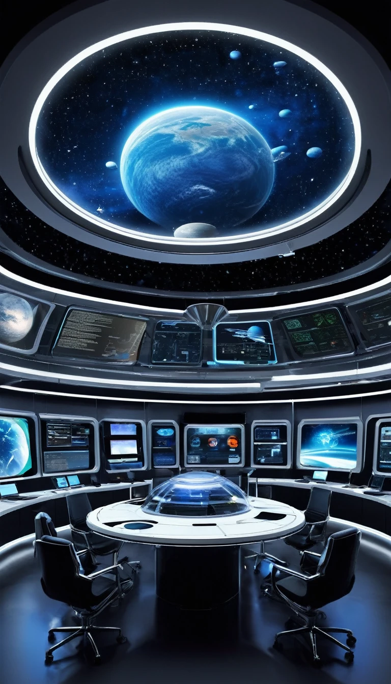 The image depicts a futuristic control room that resembles the interior of a space station or a command center for an interstellar mission. The room is designed with a sleek, modern aesthetic, featuring a large, curved window that offers a panoramic view of the cosmos, complete with stars, planets, and possibly a distant galaxy.

Inside the room, there are several workstations equipped with advanced technology. Each station has a large screen displaying various pieces of data, likely related to navigation, communication, and other critical aspects of space travel. The screens are bright and colorful, suggesting they are displaying real-time information.

In the center of the room, there is a circular table with a holographic interface, which could be used for collaborative decision-making or for analyzing data in a three-dimensional space. The table is surrounded by chairs, indicating a collaborative workspace.

The lighting in the room is soft and ambient, with the main source of light coming from the screens and the holographic interface, creating a calm and focused atmosphere. The overall design of the room suggests a high level of technological sophistication and a focus on functionality and efficiency.

This image could be from a concept design for a science fiction movie, a video game, or a themed attraction, where the goal is to create an immersive experience that simulates the operation of a spacecraft or space station.