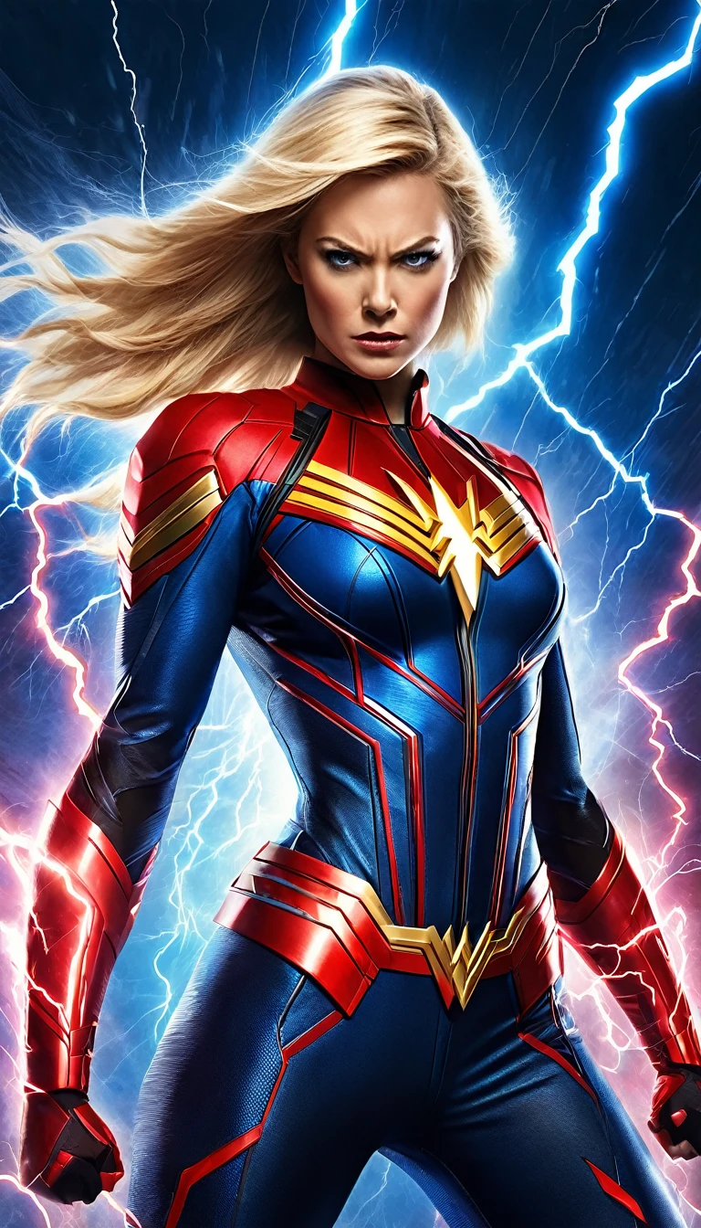 The image depicts a female superhero character, exuding an aura of power and confidence. She is adorned in a vibrant blue and red suit, with a striking lightning bolt emblem on her chest, symbolizing her electrical abilities. Her blonde hair is styled in a dynamic, windswept manner, adding to the sense of motion and energy. The background is a dramatic blend of red and black, with lightning bolts crackling around her, emphasizing her electrifying powers. The overall composition of the image suggests a strong, heroic figure ready to take on any challenge.