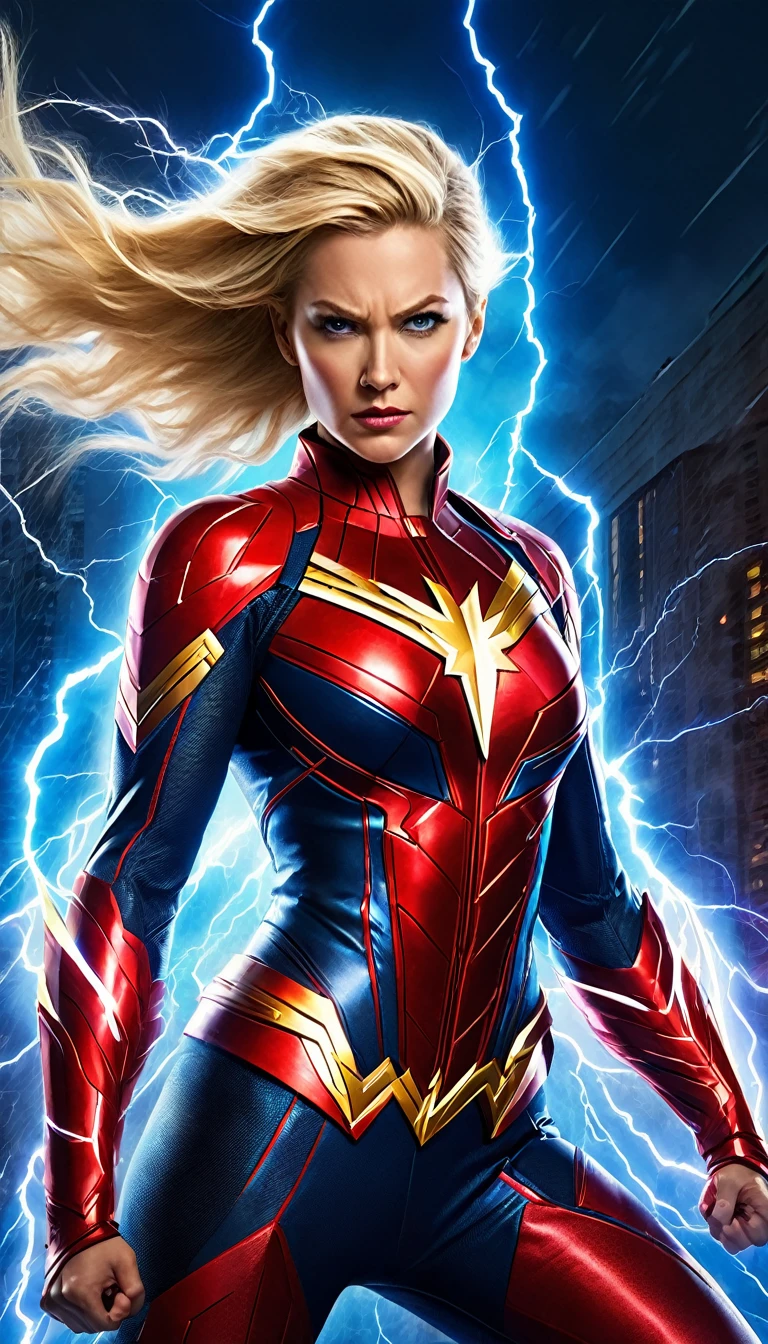 The image depicts a female superhero character, exuding an aura of power and confidence. She is adorned in a vibrant blue and red suit, with a striking lightning bolt emblem on her chest, symbolizing her electrical abilities. Her blonde hair is styled in a dynamic, windswept manner, adding to the sense of motion and energy. The background is a dramatic blend of red and black, with lightning bolts crackling around her, emphasizing her electrifying powers. The overall composition of the image suggests a strong, heroic figure ready to take on any challenge.