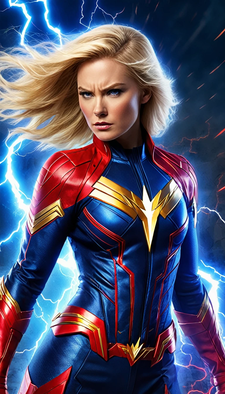 The image depicts a female superhero character, exuding an aura of power and confidence. She is adorned in a vibrant blue and red suit, with a striking lightning bolt emblem on her chest, symbolizing her electrical abilities. Her blonde hair is styled in a dynamic, windswept manner, adding to the sense of motion and energy. The background is a dramatic blend of red and black, with lightning bolts crackling around her, emphasizing her electrifying powers. The overall composition of the image suggests a strong, heroic figure ready to take on any challenge.