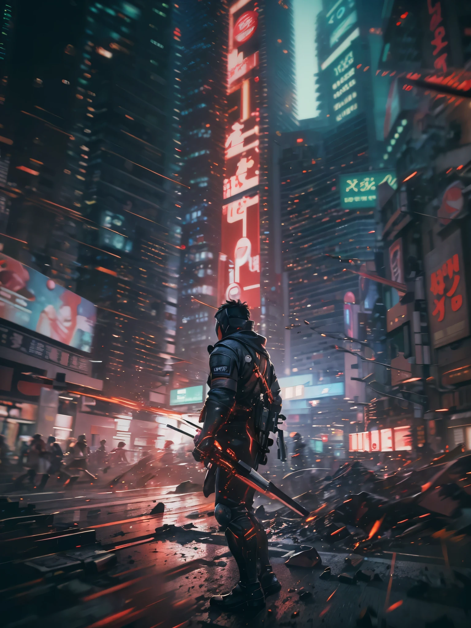 (high quality, 8k, 4K, high contrast, masterpiece: 1.2, 最high quality, best aesthetic), Shibuya crossing, post-apocalyptic, 1 man, focus, intense fight, fighting action pose, ((( Blur effect motion speed: 1.6))), destroyed Tokyo atmosphere, empty street scene, broken neon signs, depressing atmosphere, fast movement, ((motion blur on arms)), shadow assassin, assassinating an enemy , destroyed architecture, blood on the ground, less blood stained, evil energy, cinematic colors, dynamic settings, atmospheric perspective, epic lighting, (1vs1), (desenfundado).